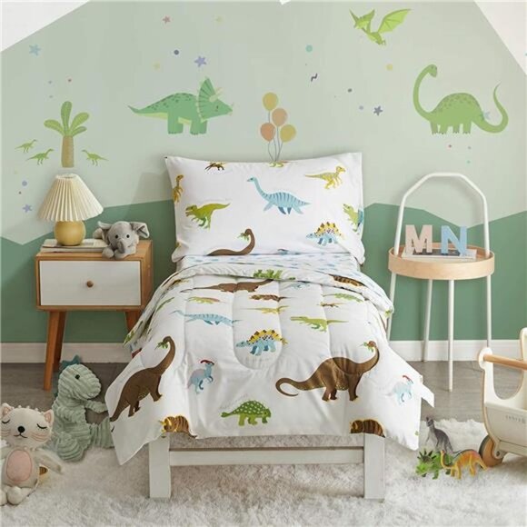 4 Pieces Toddler Bedding Set Dinosaur White Includes Comforter